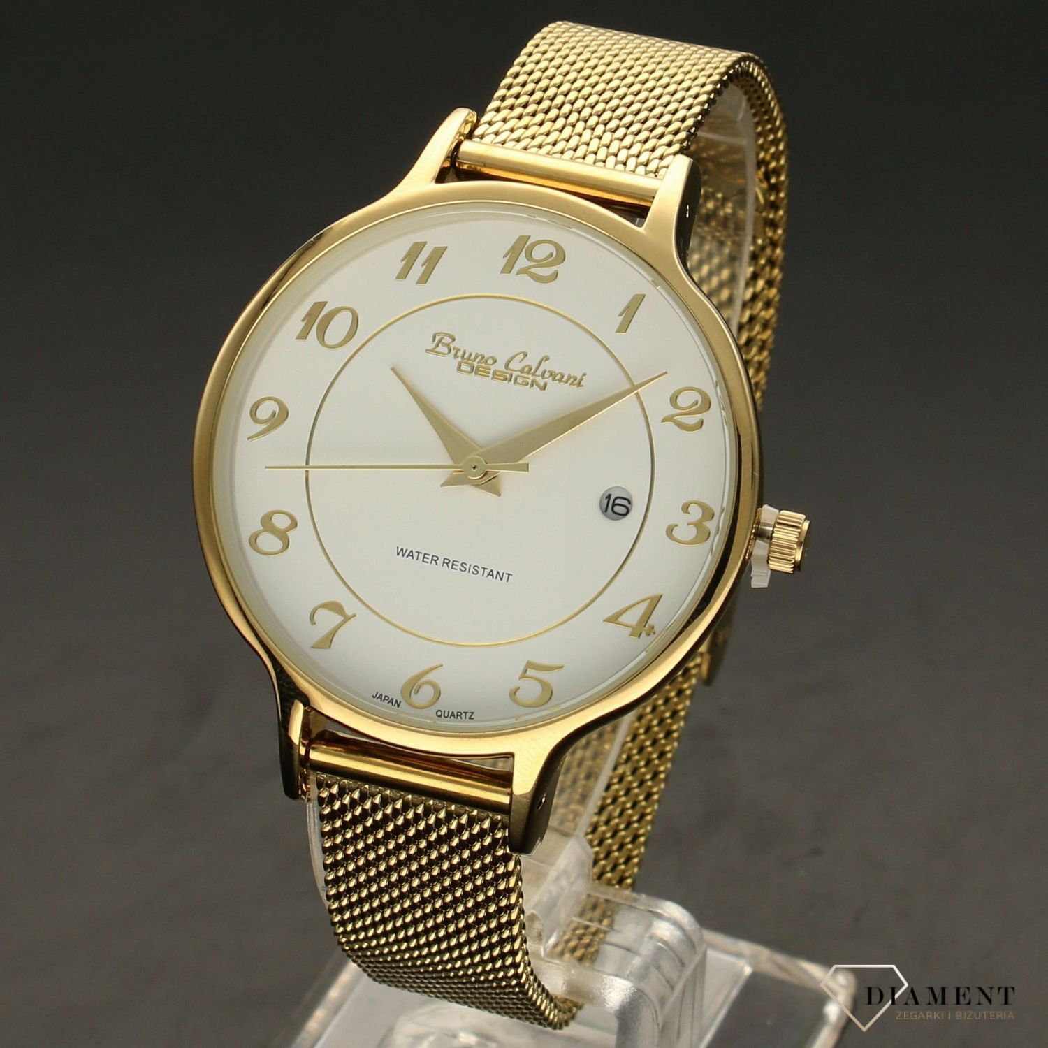 Zegarek damski BRUNO CALVANI BC3097 złoty. Zegarek damski zachowany w klasycznym złotej kolorystyce z piękną białą tarczą. Tarcza zegarka ozdobiona złotymi cyframi arabskimi i wskazówkam (2).jpg